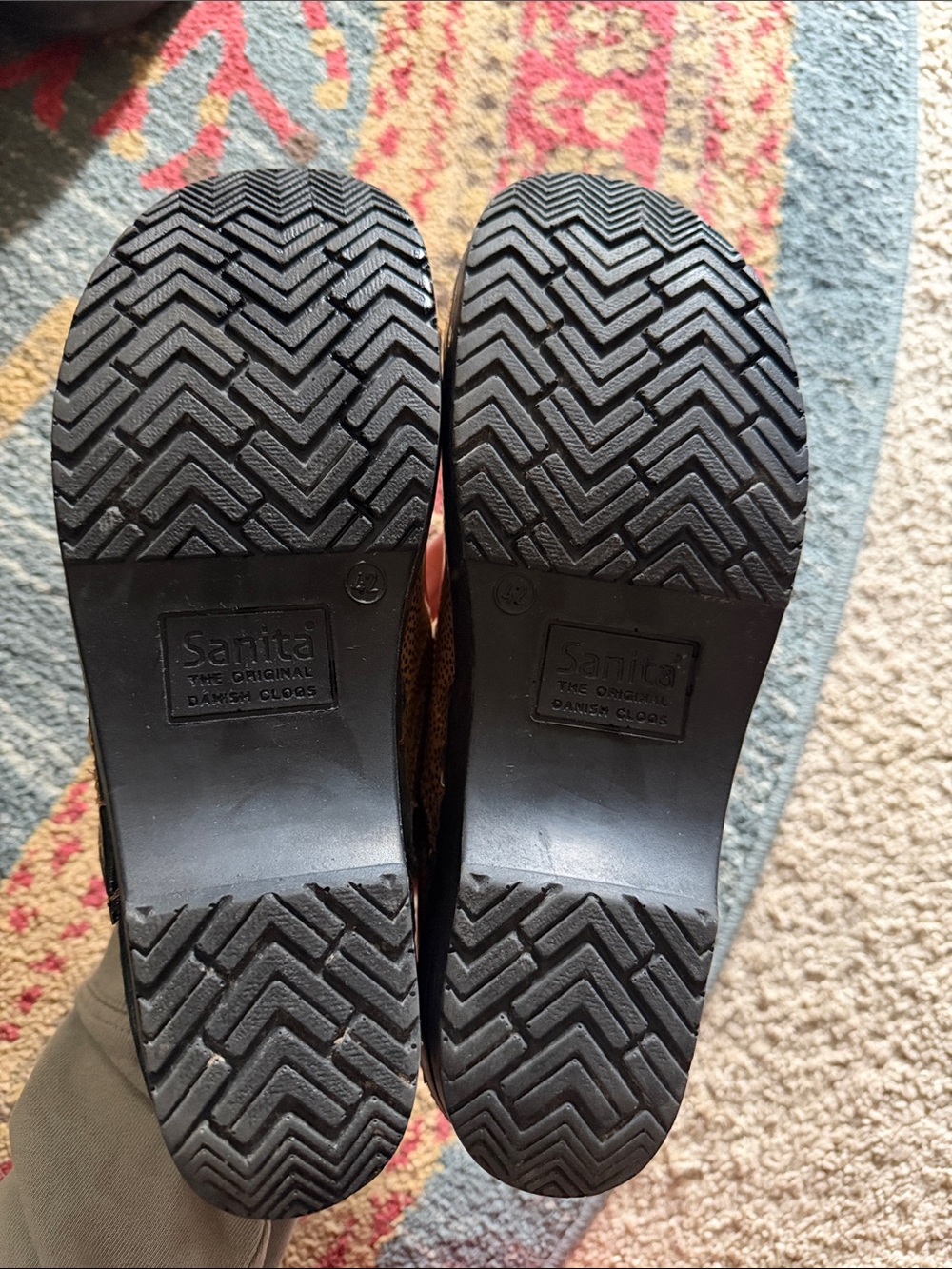Sanita Tan Spotted Leather Clogs with Black Trim - Picture 3 of 7